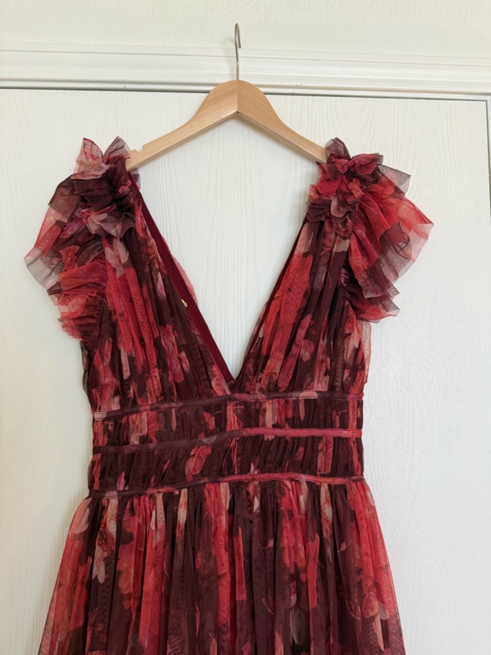 ASOS Lace & Beads Ruffle Shoulder Tiered Maxi Dress in Deep Rose US 8 - Picture 10 of 15